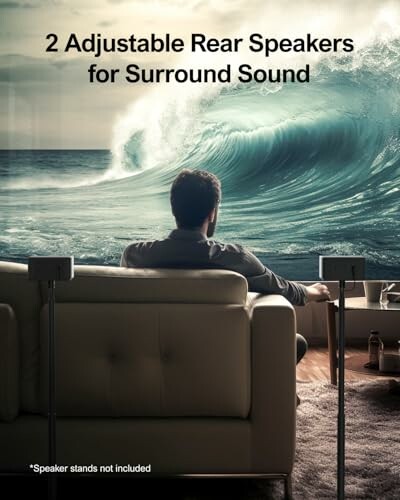 Person sitting on a couch with adjustable rear speakers, facing a large ocean wave on a screen.