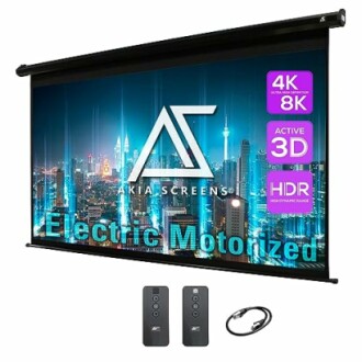 Electric motorized projection screen with remote controls and cable.