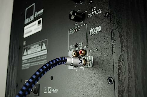 Close-up of an audio cable connected to the back panel of a speaker or audio device.