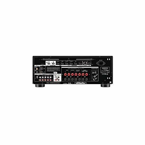 Back panel of an audio receiver with multiple input and output ports.