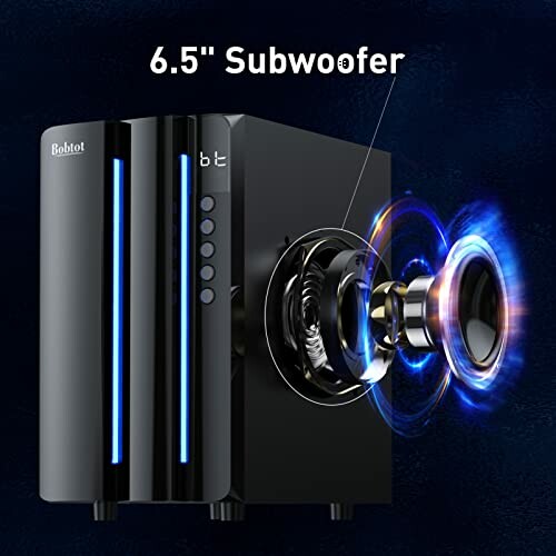 Black speaker with 6.5-inch subwoofer and blue accents.