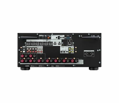 Back panel of an audio video receiver with various input and output ports.