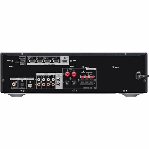 Back panel of an audio video receiver with various input and output ports.