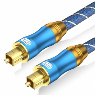 Blue and gold optical audio cable with braided design.