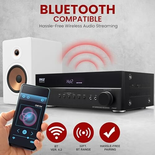 Bluetooth compatible audio receiver with speaker and smartphone control.