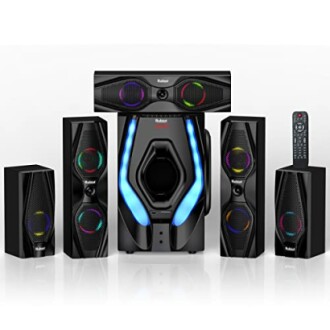 Bluetooth home theater system with speakers and remote.
