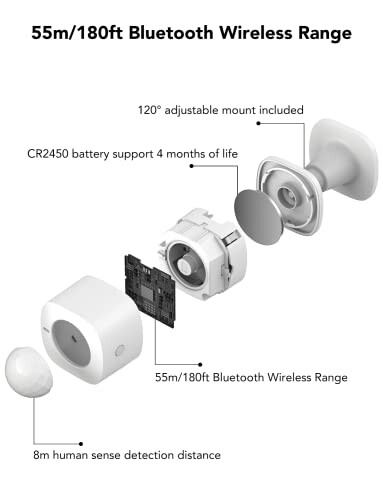 Exploded view of Bluetooth wireless range device with labeled components and features.
