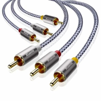 Braided RCA audio cables with gold connectors.