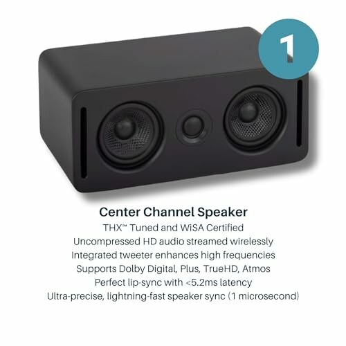 Black wireless center channel speaker with features listed below.