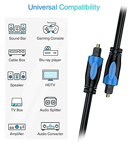 Digital optical audio cable with universal compatibility for devices like sound bars, gaming consoles, and HDTVs.