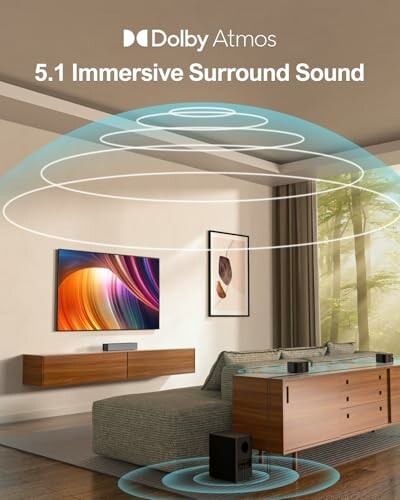 Living room with Dolby Atmos 5.1 surround sound setup.