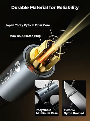 Close-up of a cable with gold-plated plug, aluminum case, and nylon braided design.