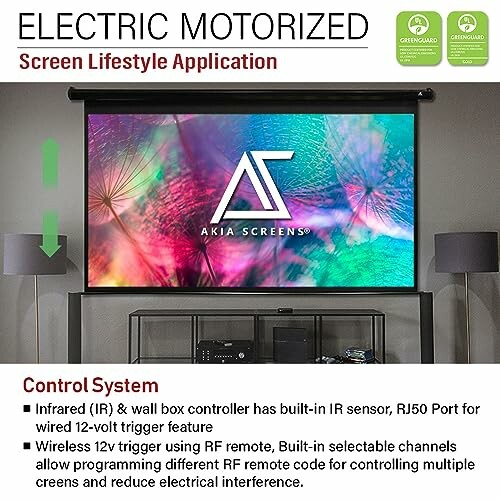 Electric motorized projection screen with control system features.