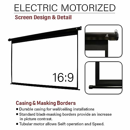 Electric motorized screen design with casing and masking borders, featuring 16:9 aspect ratio.