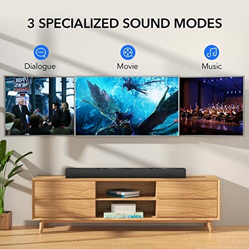 Living room setup with TV displaying three specialized sound modes: Dialogue, Movie, Music.