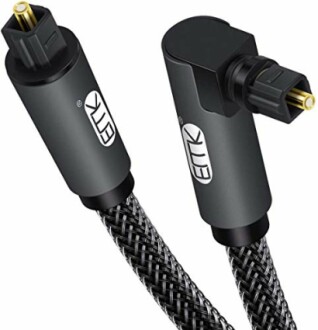 Fiber optic audio cable with black braided design and angled connectors.