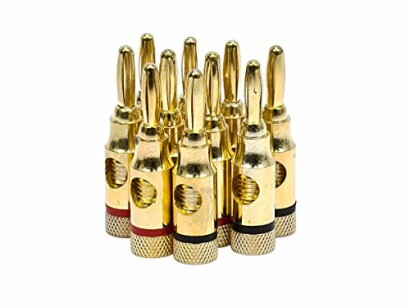 Gold banana plug connectors in a group