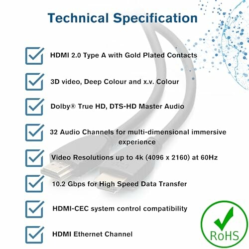 Technical specifications of an HDMI cable including features like 4k video support and Ethernet channel.
