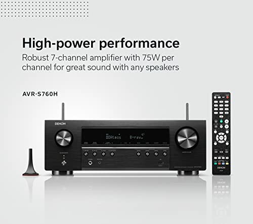 Denon AVR-S760H 7-channel amplifier with remote control.