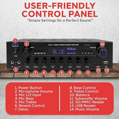 User-friendly control panel of HD 2.1 home theater power amplifier with labeled buttons and knobs.