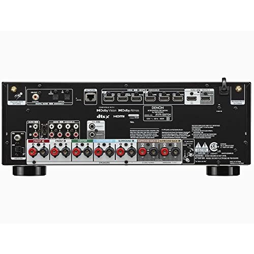 Back panel of a home theater receiver with various audio and video input/output ports.