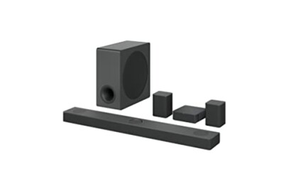 Home theater speaker system with soundbar, subwoofer, and satellite speakers.