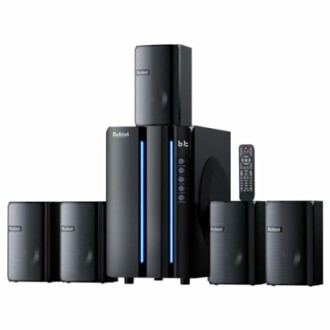 Black home theater speaker system with remote control.