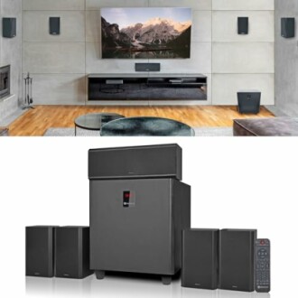 Modern home theater setup with speakers and TV.