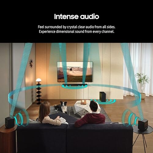 People sitting on a couch in a living room with surround sound speakers and a TV.