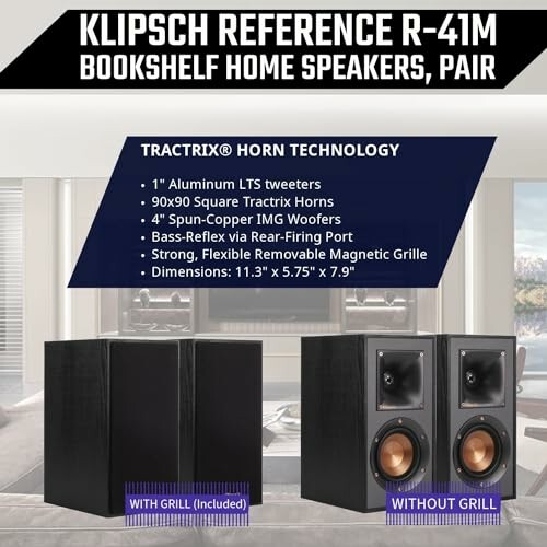 Klipsch Reference R-41M bookshelf speakers with Tractrix horn technology and features listed.
