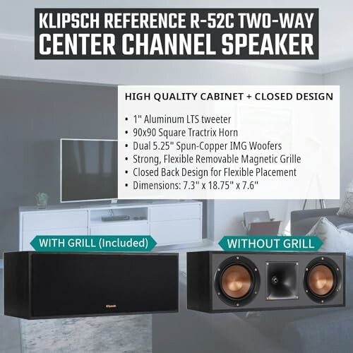Klipsch Reference R-52C center channel speaker with grill and without grill.