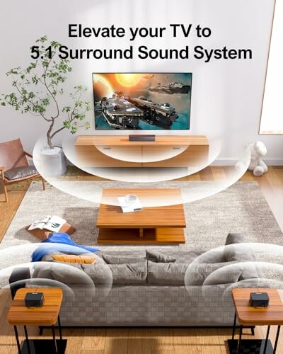 Living room with surround sound system and TV.