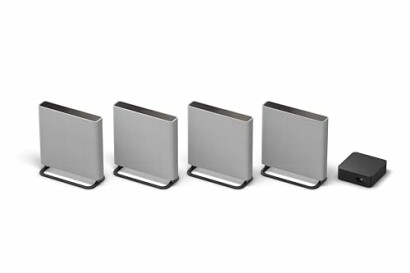 Four silver rectangular devices and one black box.