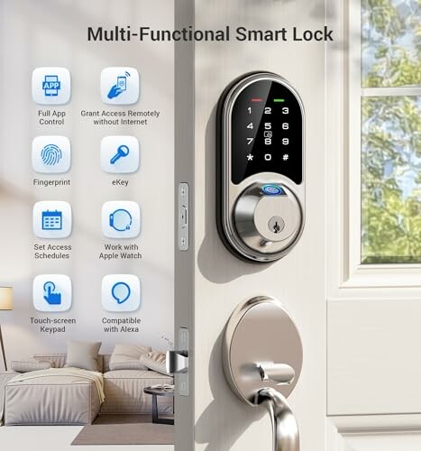 Smart lock on door with app control and features listed