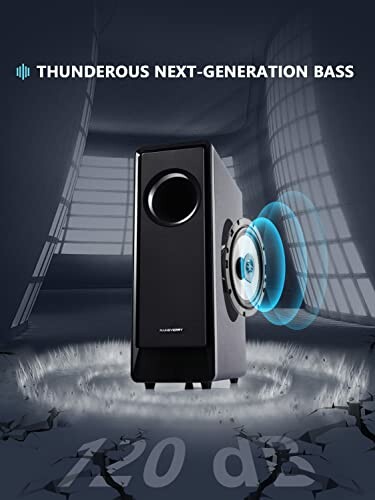 Black speaker with sound wave graphic and text 'Thunderous Next-Generation Bass', 120 dB.