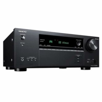 Onkyo AV receiver with multiple controls and display.