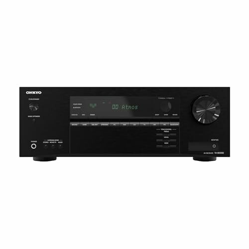 Onkyo home theater receiver with digital display and control knobs.