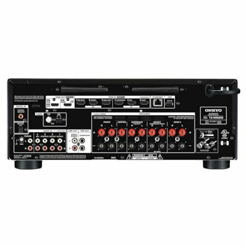 Back panel of an Onkyo audio-video receiver with various input and output ports.