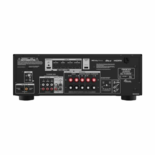 Back panel of an Onkyo receiver with various input and output ports.