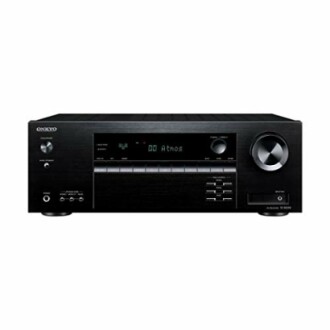 Onkyo audio video receiver with control panel and display.
