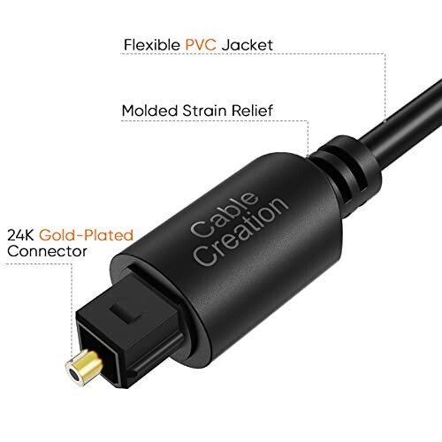 Close-up of an optical audio cable with labels for flexible PVC jacket, molded strain relief, and 24K gold-plated connector.