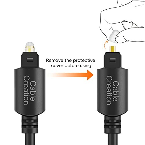 Optical audio cable with protective cover removal instruction