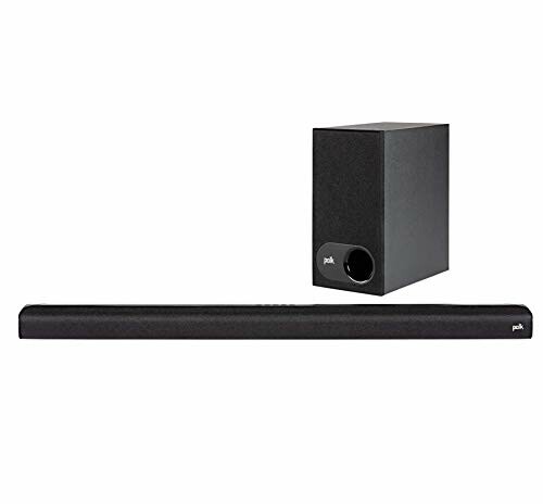 Polk Audio soundbar and subwoofer set in black.