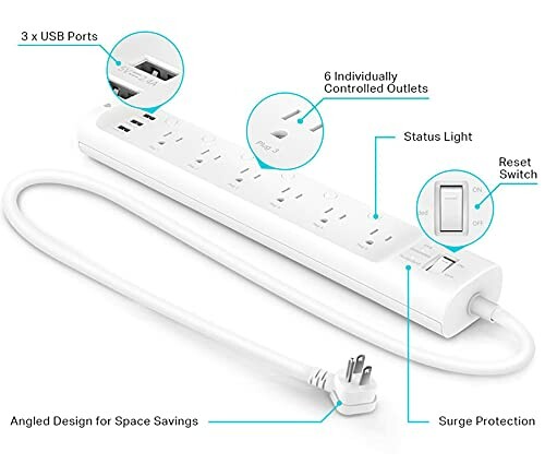 Power strip with USB ports, surge protection, and six controlled outlets.
