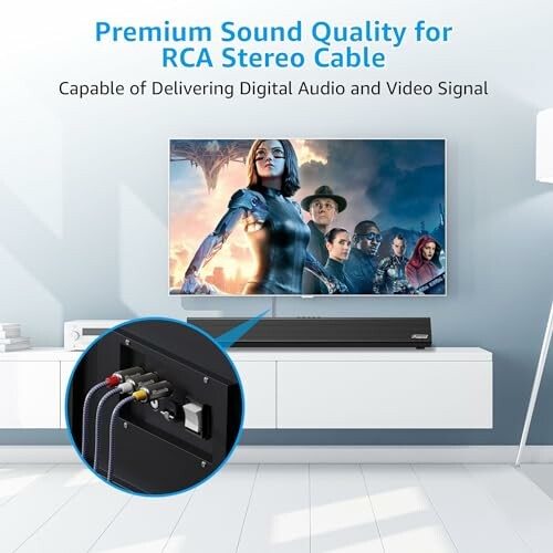 TV display with RCA stereo cable highlighting sound quality.
