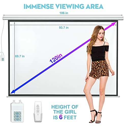 Projector screen dimensions with a woman for height comparison and remote control.