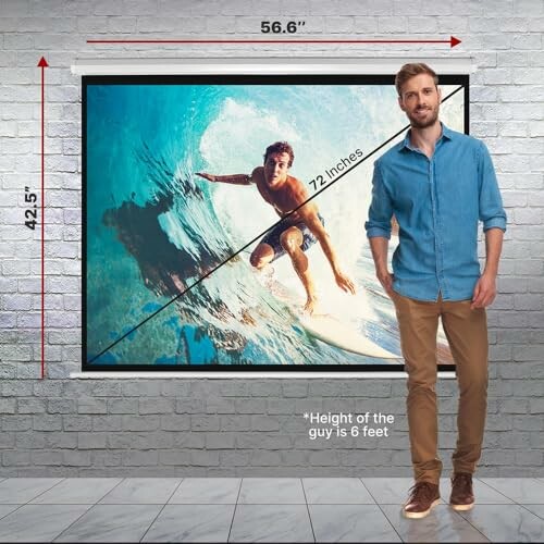 Man standing next to a large projector screen displaying a surfer, with dimensions marked.