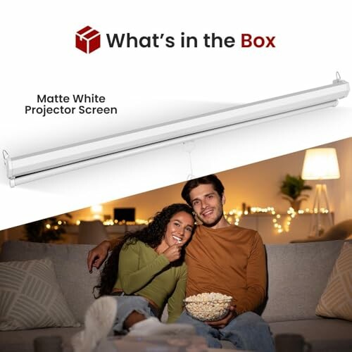 Couple on couch with a matte white projector screen.