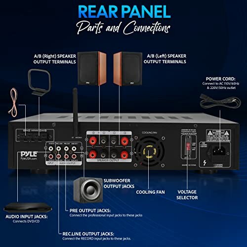 Rear panel of Pyle amplifier showing parts and connections.
