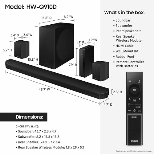 Samsung HW-Q910D soundbar system with subwoofer and accessories.